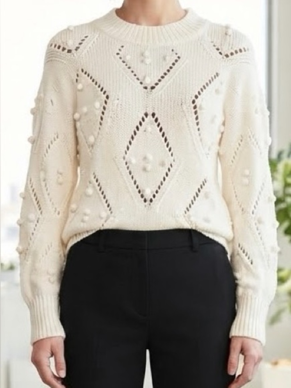 LOFT Cream Cable Knit Pom Pom Diamond Pointelle Pullover Sweater Sz S EUC Office